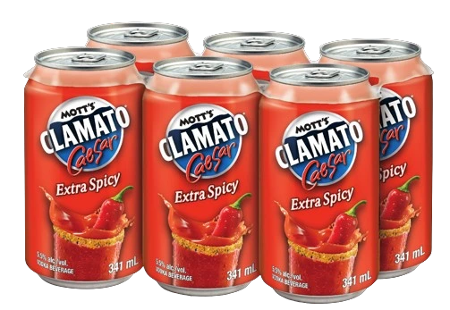 MOTTS CLAMATO CAESAR EXTRA SPICY 341ML 6PK CAN