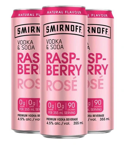 SMIRNOFF VODKA & SODA RASPBERRY ROSE 355ML 4PK CAN