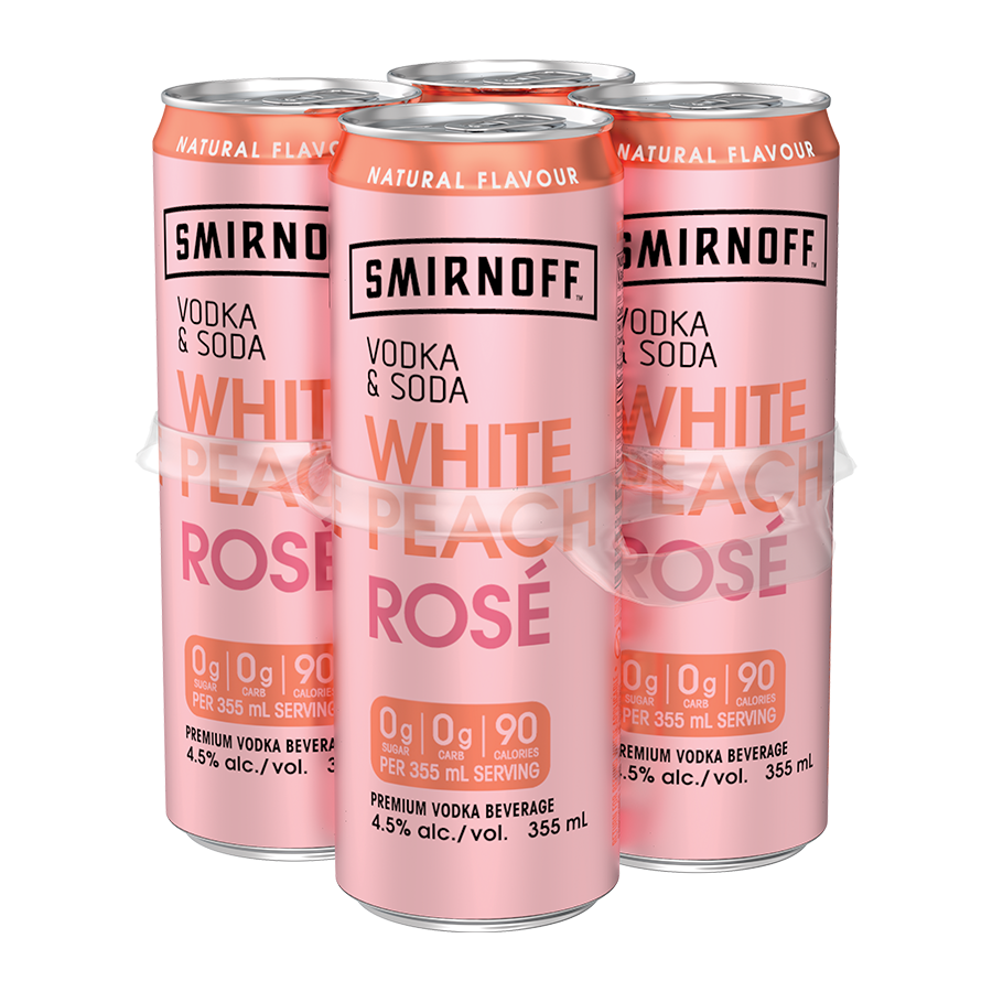 SMIRNOFF VODKA & SODA WHITE PEACH ROSE 355ML 4PK CAN